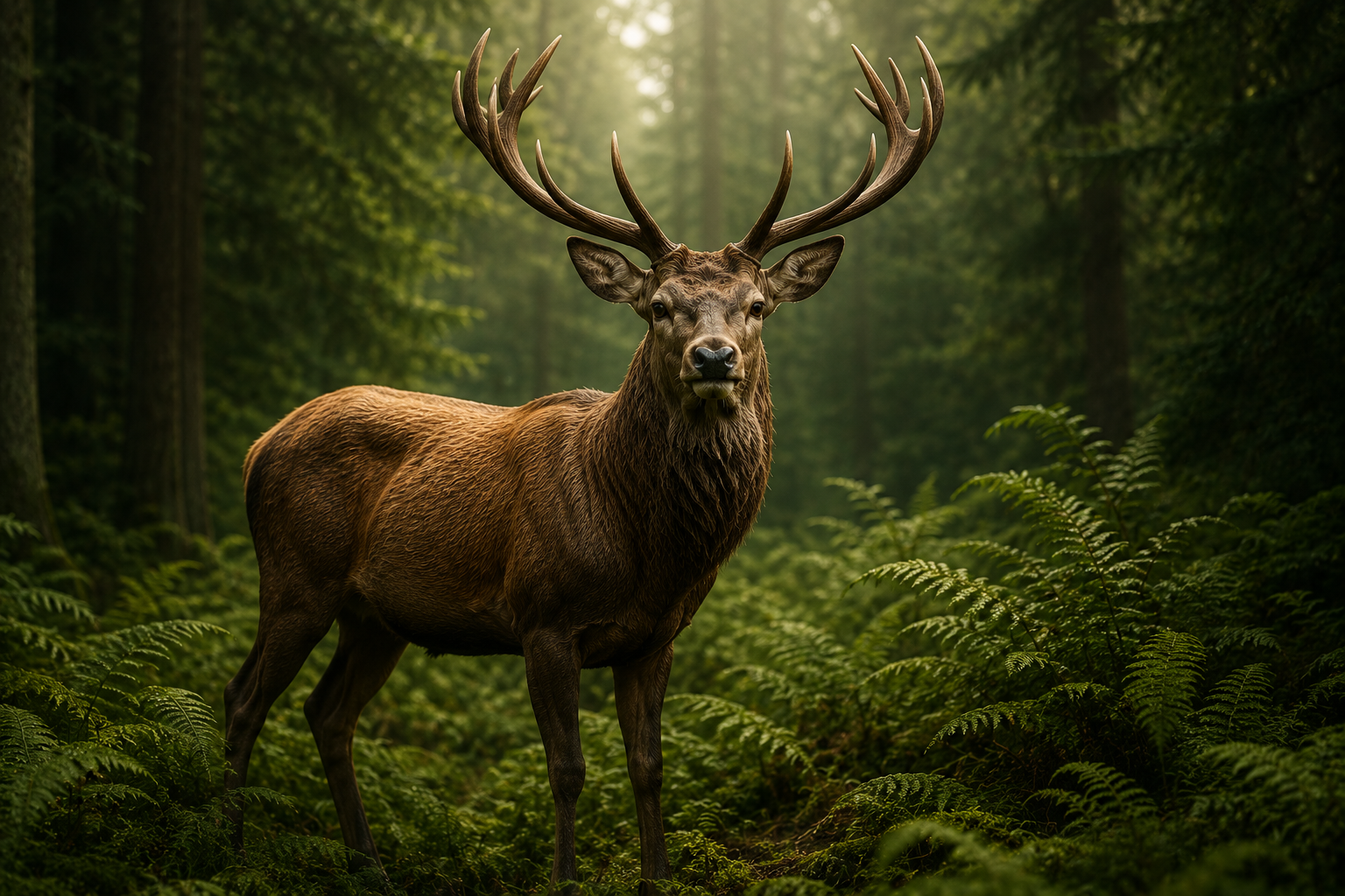 Hirsch mit großem Geweih im Wald