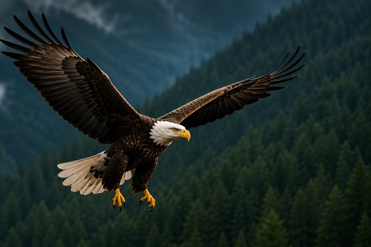 Adler im Flug vor bewaldeten Bergen